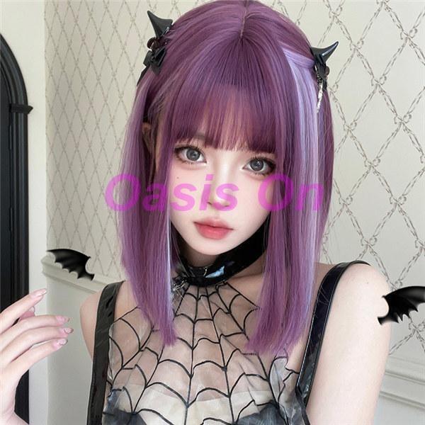 Rakuten - フルウィッグ パープル メッシュ ショート レディース ふんわり前髪 前髪あり 原宿風 かつら ぱっつん前髪 コスプレ 可愛い