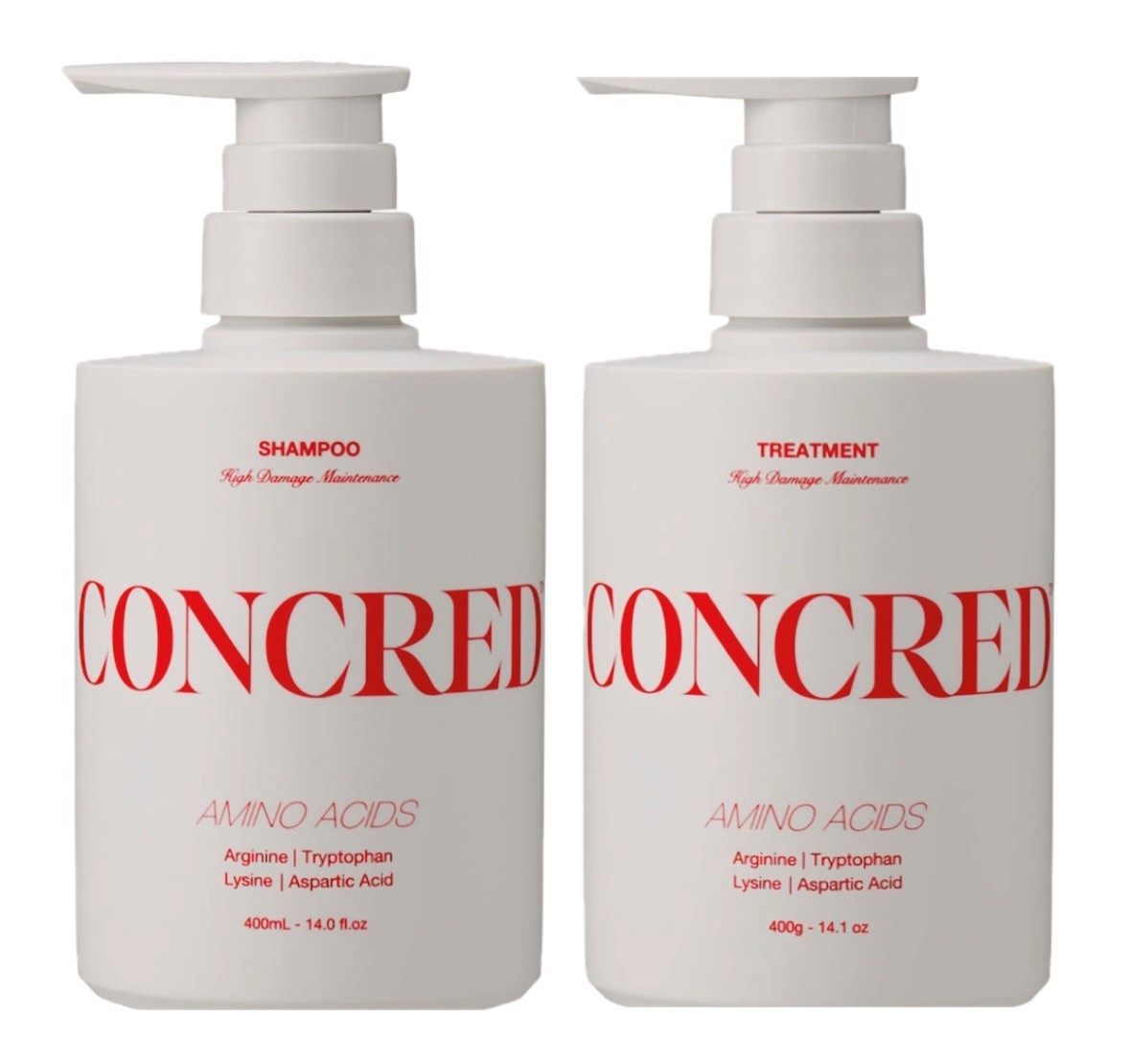 コンクレッド　ハイダメージメンテナンス　　　　　　　　　　　　　　　　シャンプーポンプ1本(400mL)　　　　　　　　　　　　　　 　　　　　　　＋　　　　　　　　　　　　　　　　　　　　　　 トリートメントポンプ1本(400g)　　　　　　　　　　　　　　　　　　　 ポンプセット　　　　　　　　　　　　　　　　　　　　 　　　　　　　　　　　　　　　　　　　　　　　　　　　　　 〜艶めく上質なめらか髪へ〜　　　　　　　　　　　　　　 　　　　　　　　　　　　　　　　　　　　　　　　　　 ＊ラディアントブルームノートの香り。 　　　　　　　　　　　　　　　　　　 ＊パーマやカラーなどの施術によって流出したアミノ酸を特定。流出した同じバランス構成のアミノ酸*1をシャンプーに46倍*2、トリートメントに67倍*3の高濃度で配合*4。洗うたびに、艶めく上質なめらか髪へ。 ＊枝毛・切れ毛など、カラーやパーマによるダメージでお悩みの方に。 *1 アルギニン、トリプトファン、リシンHCI、アスパラギン酸（すべてヘアコンディショニング成分）*2 ナンバーエス シャンプー配合アミノ酸量平均値との比較　 *3 ナンバーエス トリートメント配合アミノ酸量平均値との比較　 *4 当社製品内において。
