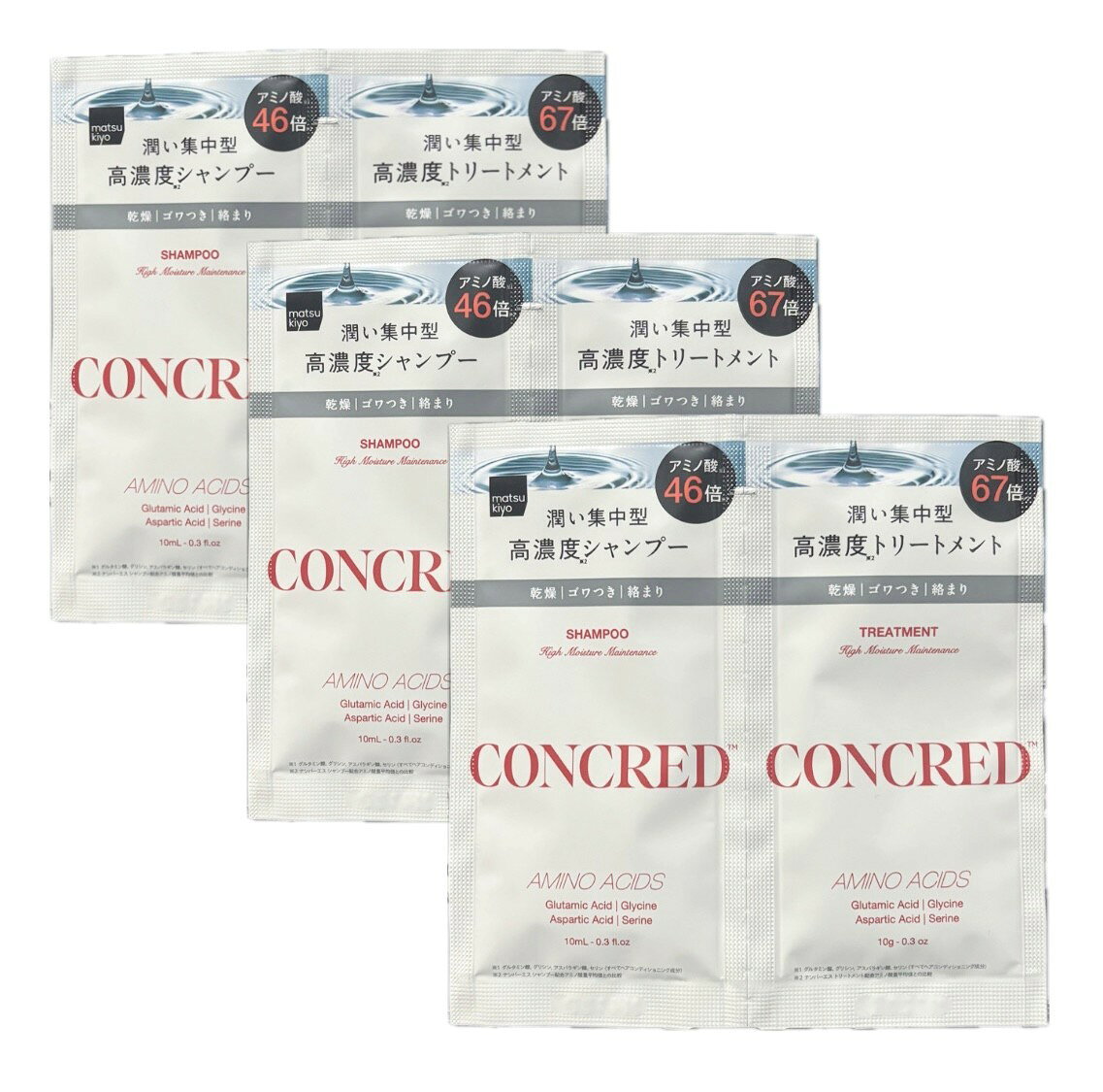 コンクレッド　　　　　　　　　　　　　　　　　　　　　　　　ハイモイスチャーメンテナンス　1Day　パウチ　　　　　　　　　　　　　　　シャンプー1袋(10mL)×3　　　　　　　　　　　　　　　　　　　　　　　　　 　　　＋　　　　　　　　　　　　　　　　　　　　　　　　　　 トリートメント1袋(10g)×3 計3回分セット　　　　　　　　　　　　　　　　　 　　　　　　　　　　　　　　　　　　　　　　　　　 ＊華やかで甘美なラディアントブルームノートの香り　　　　　　　　　　　　　　　 　　　　　　　　　　　　　　　　　　　　　　　　　　　　 〜みずみずしい上質しっとり髪へ〜　　　　　　　　　　　　　　　　　　　 　　　　　　　　　　　　　　　　　　　　　　　　　　　　　　　　　　　　　　　　　 ＊紫外線やドライヤーなどの乾燥ダメージによって流出したアミノ酸を特定。流出した同じバランス構成のアミノ酸*1をシャンプーに46倍*2、トリートメントに67倍*3の高濃度で配合*4。＊洗うたびみずみずしい上質しっとり髪へ。 ＊乾燥・ゴワつき・絡まりでお悩みの方に。 *1 グルタミン酸、グリシン、アスパラギン酸、セリン（すべてヘアコンディショニング成分）*2 ナンバーエス シャンプー配合アミノ酸量平均値との比較　 *3 ナンバーエス トリートメント配合アミノ酸量平均値との比較　*4 当社製品内において。