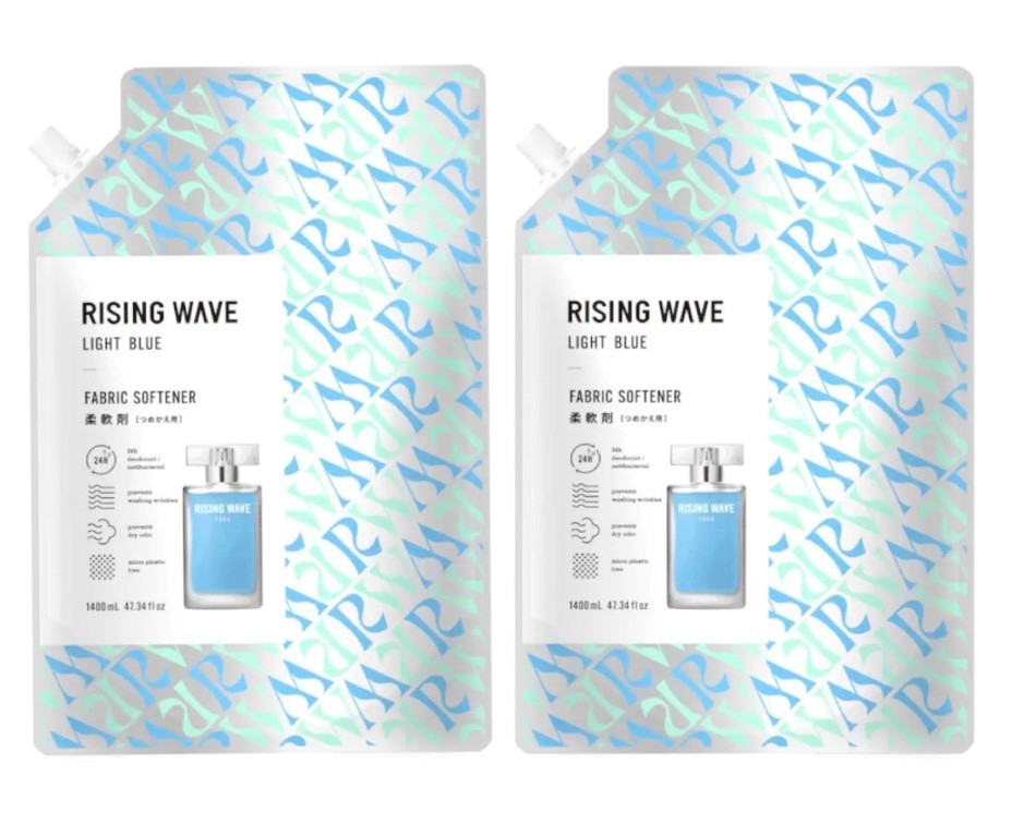 ライジングウェーブ　柔軟剤　フリーライトブルー　1袋(1400ml) ×2袋セット□ライジングウェーブ　フリー　ライトブルー　オードトワレの香調をそのまま柔軟剤に□キープアロマテクノロジーにより、さわやかな香り立ちをより長く楽しめます24時間防臭、抗菌、洗濯シワを防止、部屋干しの生乾きのニオイを防ぎます□マイクロプラスチックフリー