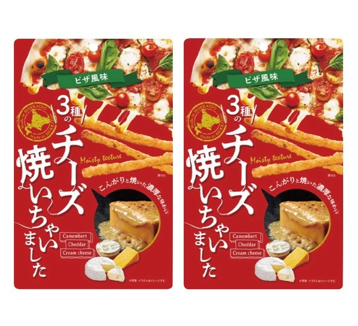 □3種のチーズ焼いちゃいました□カマンベールチーズパウダー、チェダーチーズ、クリームチーズ、3種類のチーズをブレンドし、ピザ風味に仕上げて焼いてあります。□おやつやおつまみにどうぞ。■アレルギー物質(特定原材料及びそれに準ずるもの)：小麦、卵、乳成分、大豆■保存方法：直射日光、高温多湿を避けて保存してください。