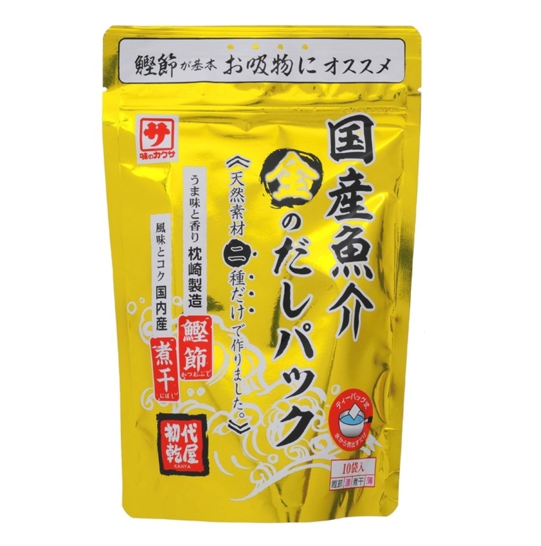 味のカクサ　国産魚介　金のだしパック　1袋80g（8g×10袋入）神奈川倉庫 味の　カクサ　金　出汁　だしパック　かつお　ふし　いわし　煮干し　味噌　みそ汁　麺類のだし　おでん　鍋　晩御飯　お昼ごはん　夜食　料理　調理 ◇商品説明◇味のカクサ　国産魚介　金のだしパック　1袋80g（8g×10袋入）　　〜天然素材二種類だけで作りました〜　　　　　　　　　　　　　初代乾屋うま味と香り　 枕崎産　鰹節風味とコク　　国内産　煮干し国産製造＋国産製造　だしパック国産製造の鰹節をベースに、国内産の煮干しを加え、上品な味わいを実現しました。ティーバック式なので水から煮出すだけ。麺類、鍋物なら金のだし！さらに金のパッケージが高級感を感じさせてくれます。＊当店では、みそ汁に合う銀のだしのお取り扱いもあります。□おいしいだしの取り方□1、水360cc（みそ汁約2杯分）に本品1袋（紙袋のまま）を入れて火にかけます。2、沸騰したら、5〜10分煮出します。3、火を止めて、お箸で袋を軽くしぼるようにだしパックを取り出してください。□だしの目安□みそ汁　　 360cc麺類　　　 200ccおでん、鍋　 500cc＊お好みで水の量を変更し、だしの濃さを調節してください。■使用上の注意■◎賞味期限は未開封時の期限です。●開封後はチャックを締めて、冷蔵庫に保管し、お早目にご使用ください。●だしパックを取り出す際に、熱湯でのやけどにご注意ください。●品質保持のため、脱酸素剤が封入してあります。開封後は廃棄してください。●本品製造工場では「えび・さば・いか」を含む製品を生産しています。●魚の骨や固い破片状の原料が残っている可能性がございますので、ティーバッグを破ってのご使用はご遠慮ください。●ティーバッグのシール面に原料がにじむことがございますが、品質には問題ありません。 5
