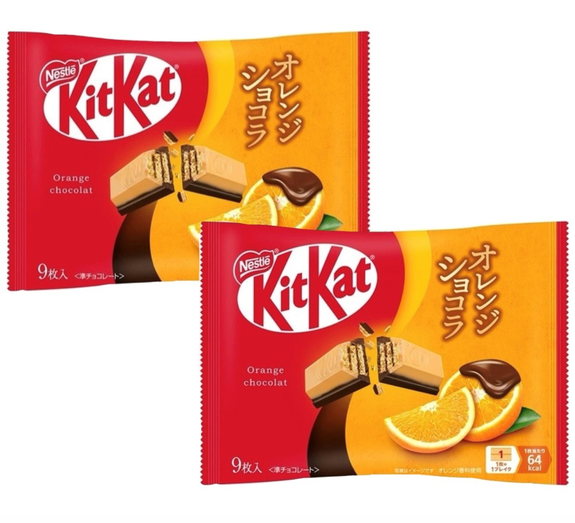 □オレンジのジューシーな味わいとリッチなカカオ感のオレンジショコラキットカットです。□内容：1袋(9枚入)×2袋セットです。■アレルギー物質：小麦、乳、オレンジ、大豆■保存方法：28℃以下の涼しい場所で、多湿を避けて保存してください。