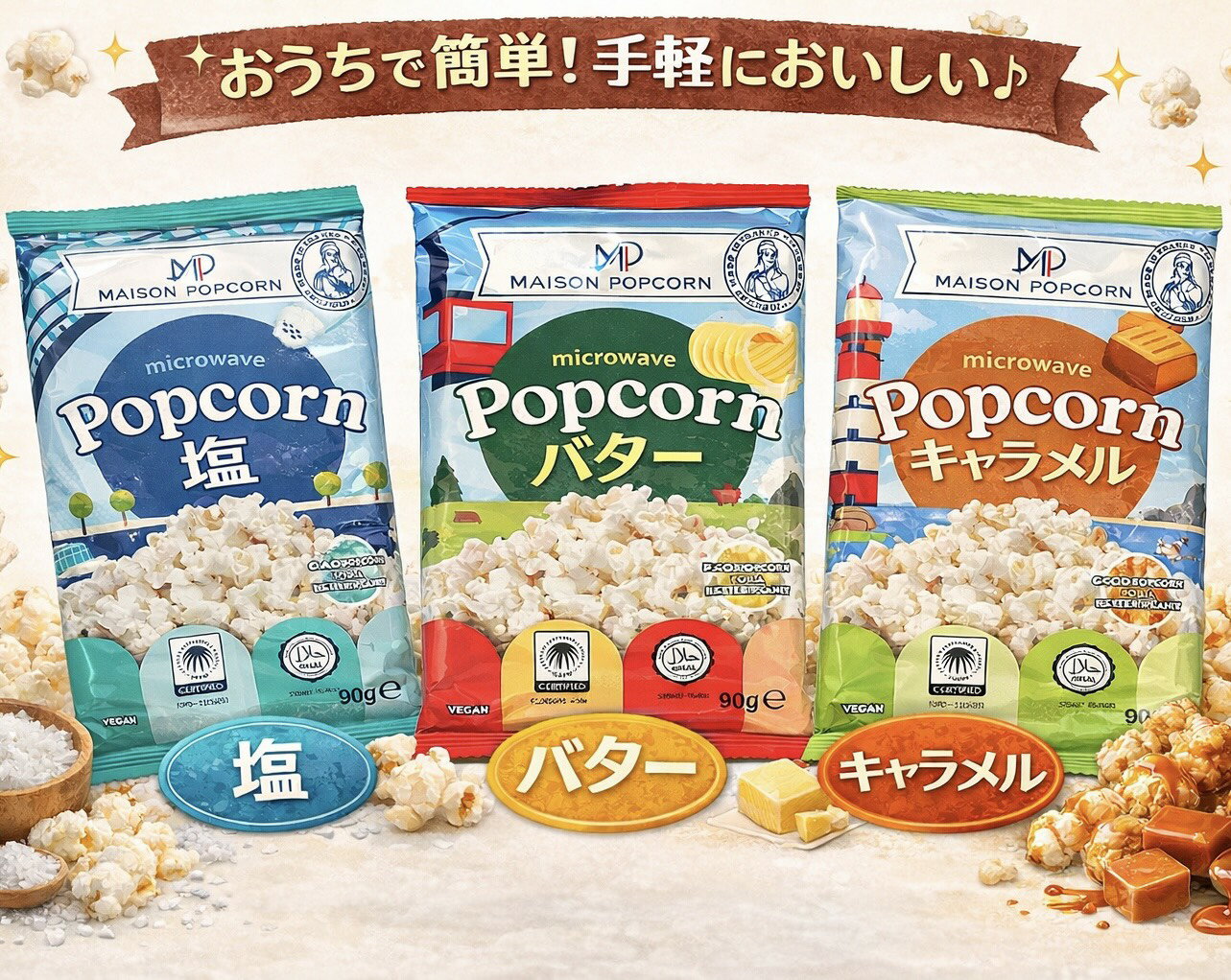Rakuten - 3種セット　ポップコーン　90g　塩　バター　キャラメル　東京西倉庫