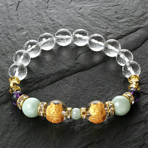 【送料無料】【招き猫】ひすい×水晶 ブレスレット 内周18cm