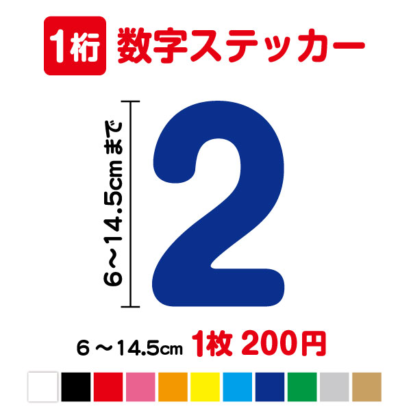 【1桁】数字 ステッカー 6cm〜14.5cm3M 