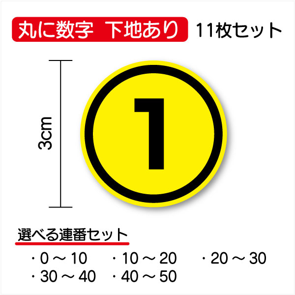 【数字ステッカー 丸型】丸に数字 連番11枚セット 3cm丸文字 シール 順番 待機列 整列 番号 通し番号 ナンバー 工事 標識 サイン 現場 安全第一 マーク アウトドア 防水 車 バイク ヘルメット スノーボード 傷隠し 防水 工場 作業 印刷 通販