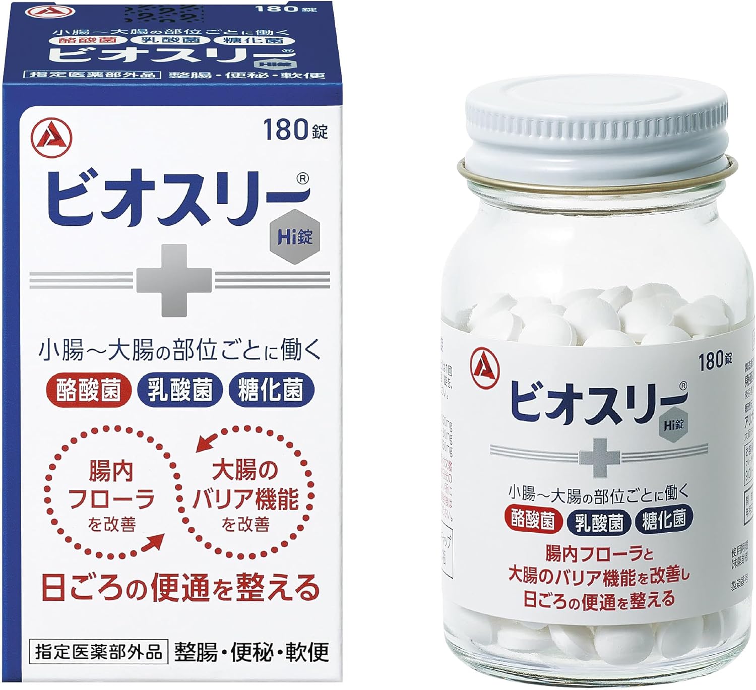 ■ 商品説明 【3種の活性菌が生きたまま届く】 ビオスリーは、乳酸菌やビフィズス菌を増やす糖化菌、腸の機能維持に必要な酪酸菌、酪酸菌の増殖を助ける乳酸菌の3種の活性菌が生きたまま届きます。腸内フローラと大腸バリアを改善し、日ごろの便通を整えます。 酪酸菌が産生する酪酸の効果】 酪酸とは、大腸のエネルギー源となり、健康維持のサポートに欠かせない物質。それを産生するのが酪酸菌です。健康な便形成や便通を促す効果もあるため便秘や軟便にお困りの方にもおすすめです。 【こんな方にオススメ】 ・便秘がちなので何とかしたい。・お腹がゆるくなりやすい。・お腹の張りを改善したい。・腸内フローラと大腸バリアを改善して腸を整えたい。 製品仕様 商品名 ビオスリーHi錠 成分 【成分及び分量】錠剤:6錠中 ・酪酸菌 150mg・糖化菌 150mg・ラクトミン(乳酸菌) 30mg 【添加物】 ・ビオスリーHi錠ポリビニルアルコール(完全けん化物)、ポビドン、バレイショデンプン、乳糖水和物、ステアリン酸Mg 商品区分 指定医薬部外品 効能・効果 :整腸、便秘、軟便、腹部膨満感 内容量 180錠 保管及び取り扱い上の注意 相談すること 1.次の人は服用前に医師又は薬剤師にご相談ください 　医師の治療を受けている人 2.次の場合は、服用を中止し、製品の箱を持って医師又は薬剤師にご相談ください 　1ヵ月位服用しても症状がよくならない場合 賞味期限 外袋底面に記載。通常3カ月以上の商品をお送りします 製造販売元 アリナミン製薬株式会社 大阪市中央区道修町四丁目1番1号 お客様相談室口 電話：0120-567-087 受付時間：9:00〜17:00（土、日、祝日を除く） 商品詳細 広告文責 株式会社すずらん 092-919-7454 メーカー名 アリナミン製薬株式会社 原産国 日本 区分 指定医薬部外品