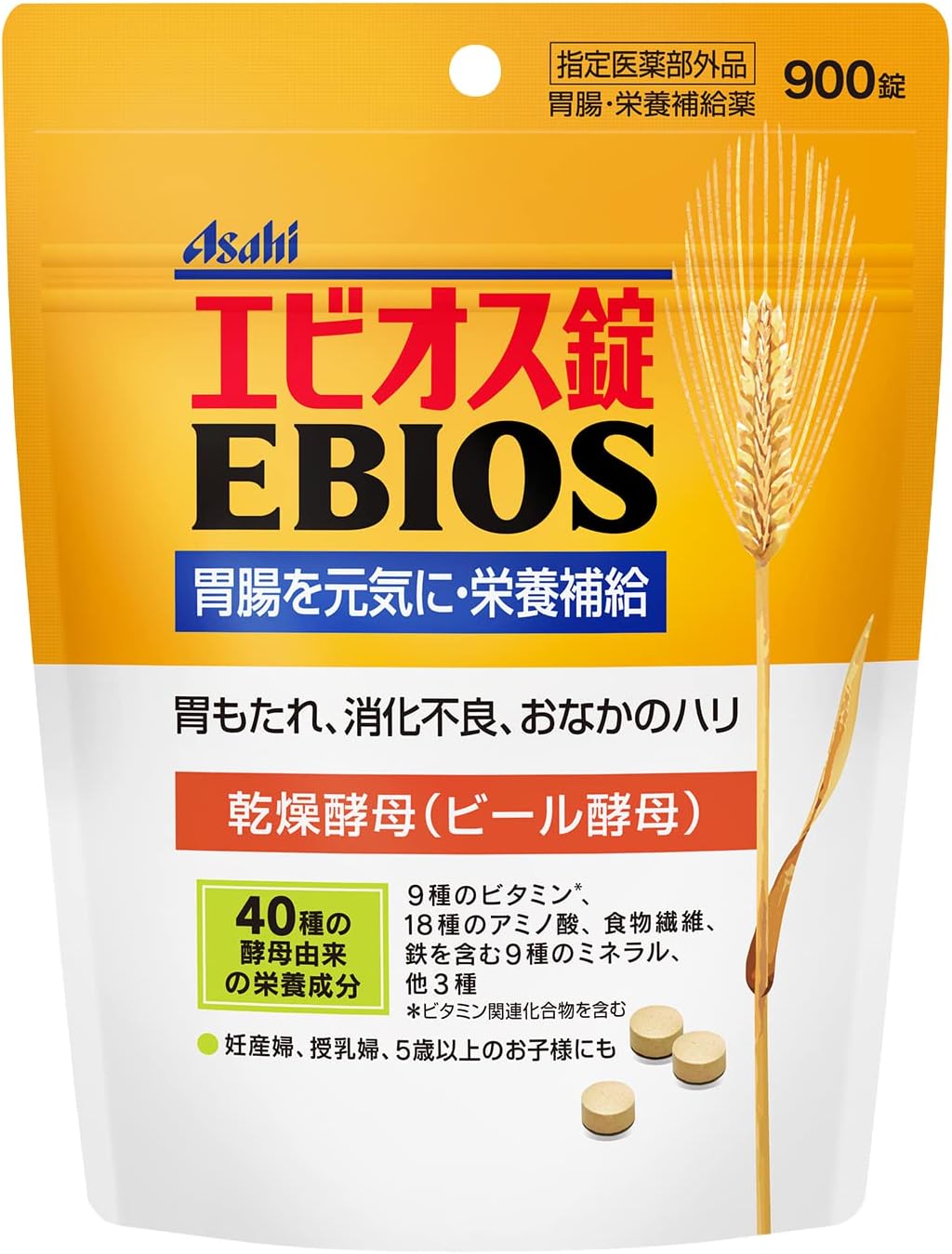 エビオス錠 胃もたれ・消化不良・食欲不振に 乾燥酵母（ビール酵母）から生まれた胃腸・栄養補給薬 こんな方にエビオス錠 こんなお悩みはありませんか？ ・食後の胃もたれが気になる ・消化不良が気になる ・食欲が落ちている ・食べすぎ、飲みすぎによるむかつきがある ・栄養バランスが気になる エビオス錠が選ばれる理由 POINT 01 二日酔による「むかつき」が気になる方に 飲みすぎた後の胃もたれやむかつきが気になる方に。 エビオス錠は、乾燥酵母（ビール酵母）を主成分とする胃腸・栄養補給薬です。 「飲みすぎた後の胃がつらい」 「食欲が出ない」 そんなときの胃腸をサポートします。 POINT 02 妊産婦・授乳婦の栄養補給にも 妊娠中や授乳中は、毎日の食事や栄養バランスが気になるもの。 エビオス錠の主成分である乾燥酵母には、ビタミン・ミネラル・アミノ酸など、酵母由来のさまざまな栄養成分が含まれています。 妊産婦・授乳婦の栄養補給にも用いられています。 POINT 03 胃弱・食欲不振が気になる筋トレ習慣の方に トレーニングをしている方にとって、日々の栄養補給は大切です。 しかし、食事をしっかり摂りたいと思っていても、胃弱や食欲不振などで食事が進まないことも。 エビオス錠は、胃弱・食欲不振（食欲減退）や消化不良に用いられる胃腸・栄養補給薬です。 食事をおいしく、しっかり摂りたい方の胃腸をサポートします。 エビオス錠の主成分「乾燥酵母」 40種の酵母由来の栄養成分 エビオス錠の乾燥酵母には、ビタミン、ミネラル、アミノ酸など、40種の酵母由来の栄養成分が含まれています。 さらに、体内ではつくることのできない必須アミノ酸9種類も含まれています。 まずはお試しサイズ ＼ 容量違いはこちら ／ ◆ エビオス錠 300錠 ◆300錠の商品ページはこちら ■ 商品説明 エビオス錠とは、乾燥酵母(ビール酵母)から生まれた指定医薬部外品です。 製品仕様 商品名 エビオス錠 成分 乾燥酵母 7125mg 商品区分 指定医薬部外品 効能・効果 胃もたれ、消化不良、胃部・腹部膨満感 食べすぎ、飲みすぎ、胸やけ、胸つかえ、はきけ（むかつき、二日酔・悪酔のむかつき、悪心）、嘔吐 胃弱、食欲不振（食欲減退） 栄養補給、栄養障害 妊産婦・授乳婦・虚弱体質者の栄養補給 内容量 900錠（1袋） 保管及び取り扱い上の注意 直射日光の当たらない、湿気の少ない涼しい場所にチャックをしめて保管 賞味期限 外袋底面に記載。通常6カ月以上の商品をお送りします 製造販売元 アサヒグループ食品株式会社 〒130-8602 東京都墨田区吾妻橋1-23-1 0120-630611 商品詳細 広告文責 株式会社すずらん 092-919-7454 メーカー名 アサヒグループ食品株式会社 原産国 日本 区分 指定医薬部外品