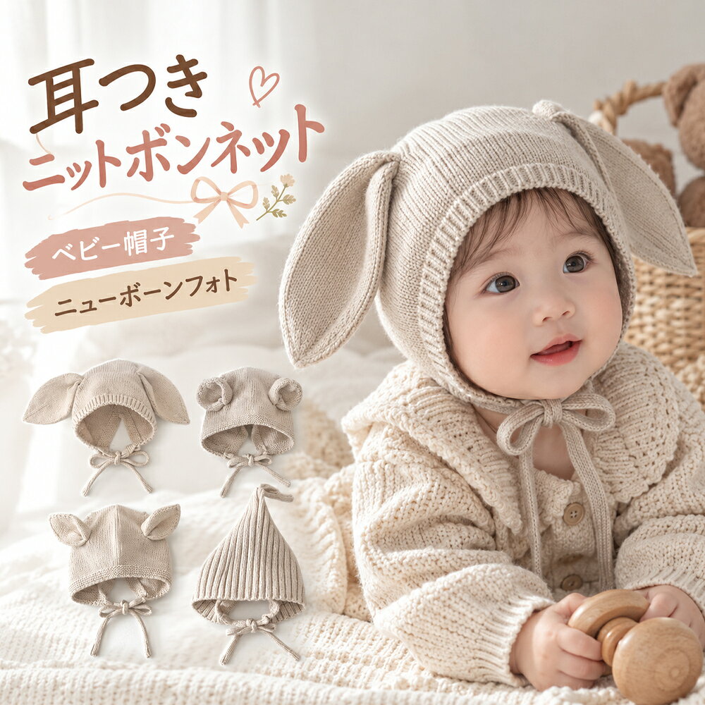 ニットボンネット 耳ボンネット ベビー 帽子 新生児 ニューボーンフォト 出産祝い ...