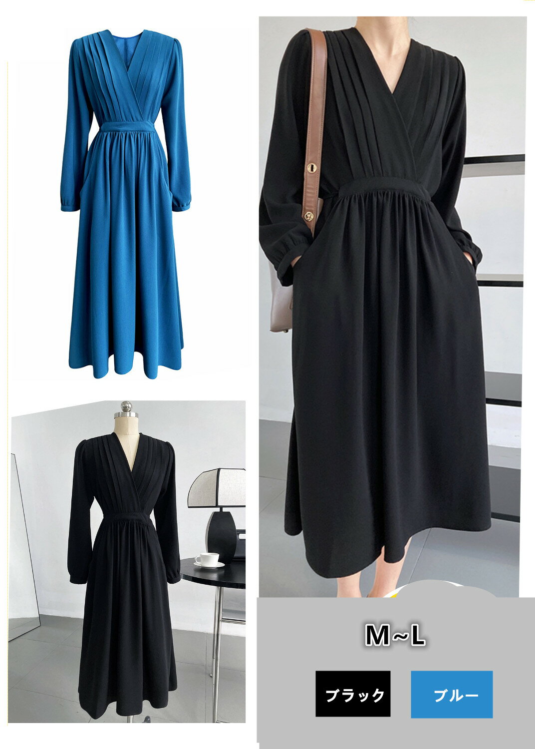 樂天商城 - 春夏　小顔効果アップ Vネックワンピース キーネック ワンピース レディース 　Aライン ベルト付き ゆったり フレンチスリーブ 長袖 Vネック ロングワンピース キーネック スキッパーワンピース ワンピース レディース ワンピ マタニティ 通勤 軽い ロング アンクル丈