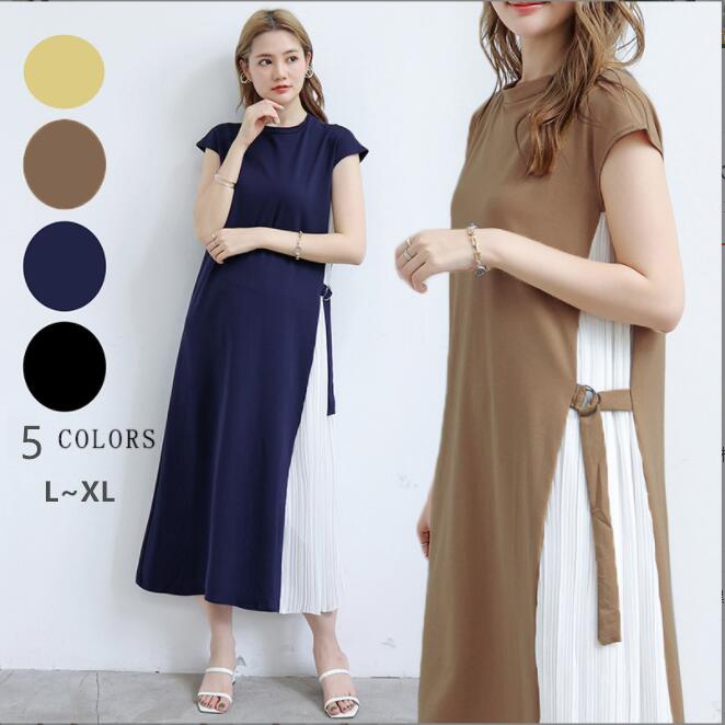 サイドプリーツ ワンピース 半袖 ブラック ネイビー レディース プリーツ レディース ロング丈 ノースリーブ ラウンドネック 切り替え ミモレ丈 ベルト付き 袖あり 袖付き カジュアル 春 秋 冬 秋冬 ワンピース ストレッチあり ゆったり Aライン