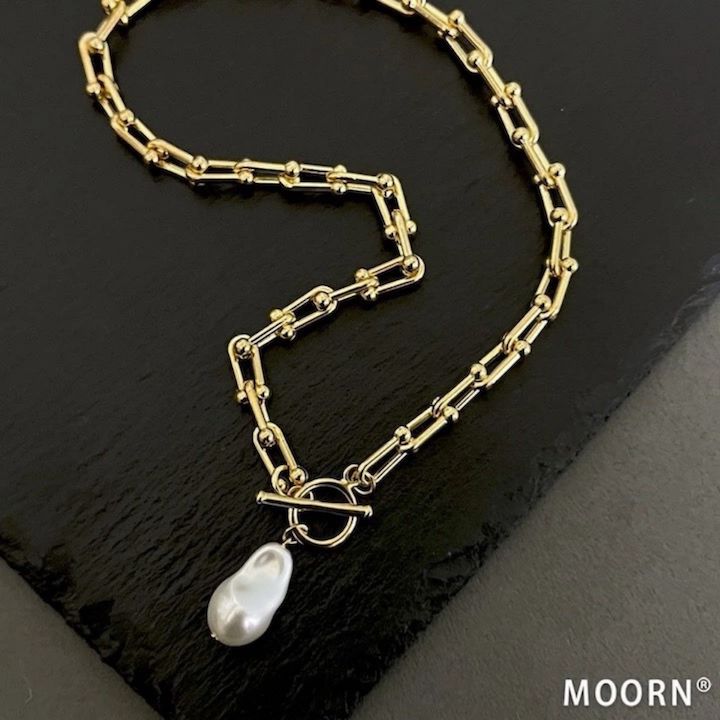 【LINE友だち200円引き対象】[金属アレルギー対応][ラリエットネックレス]ネックレス パール チェーン アンカーチェーン シンプル 太幅 ゴールド 鎖 ラリエット ネックレス ゴールドチェーン レディース アクセサリー ニッケルフリー 韓国 ギフト プレゼント MOORN モーン