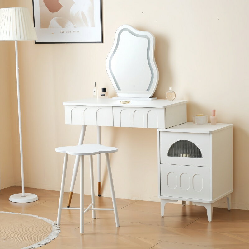 【5年保証】【要組立品】ドレッサー おしゃれ 女優ミラー 鏡台 お北欧風 お姫系 テーブル幅80cm チェスト LEDミラー サイドテーブルあり 寝室 化粧テーブル 小さい化粧台 コスメ台 収納 ネイルサロン コンパクト ホワイト 白