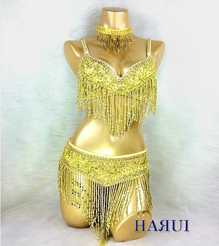 新入荷 ベリーダンス 衣装 オールスパン ブラ ベルト チョーカー 3点セット ゴールド USサイズ