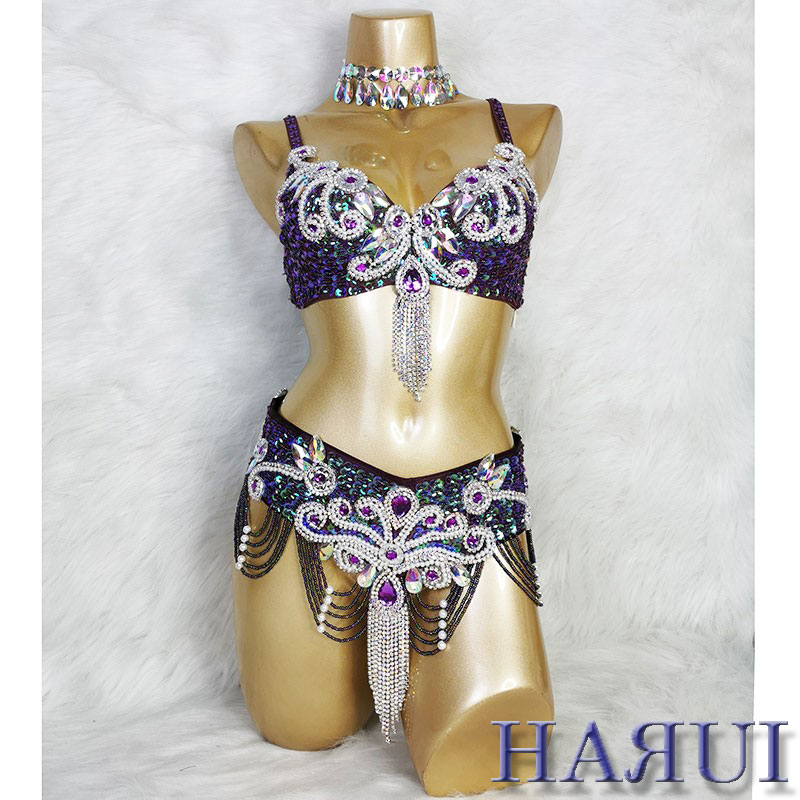 USサイズ ベリーダンス 衣装 ブラ ベルト パール しずく 上下 2点 セット パープル 新入荷 紫