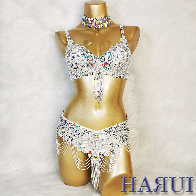 ベリーダンス 衣装 ブラ ベルト パール しずく 上下 2点 セット シルバー 新入荷