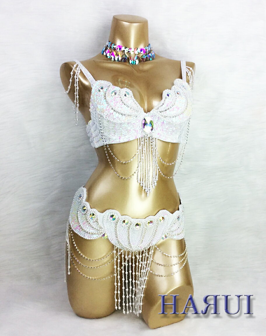 ベリーダンス 衣装 パール デザイン ブラ ベルト 上下2点セット ホワイト