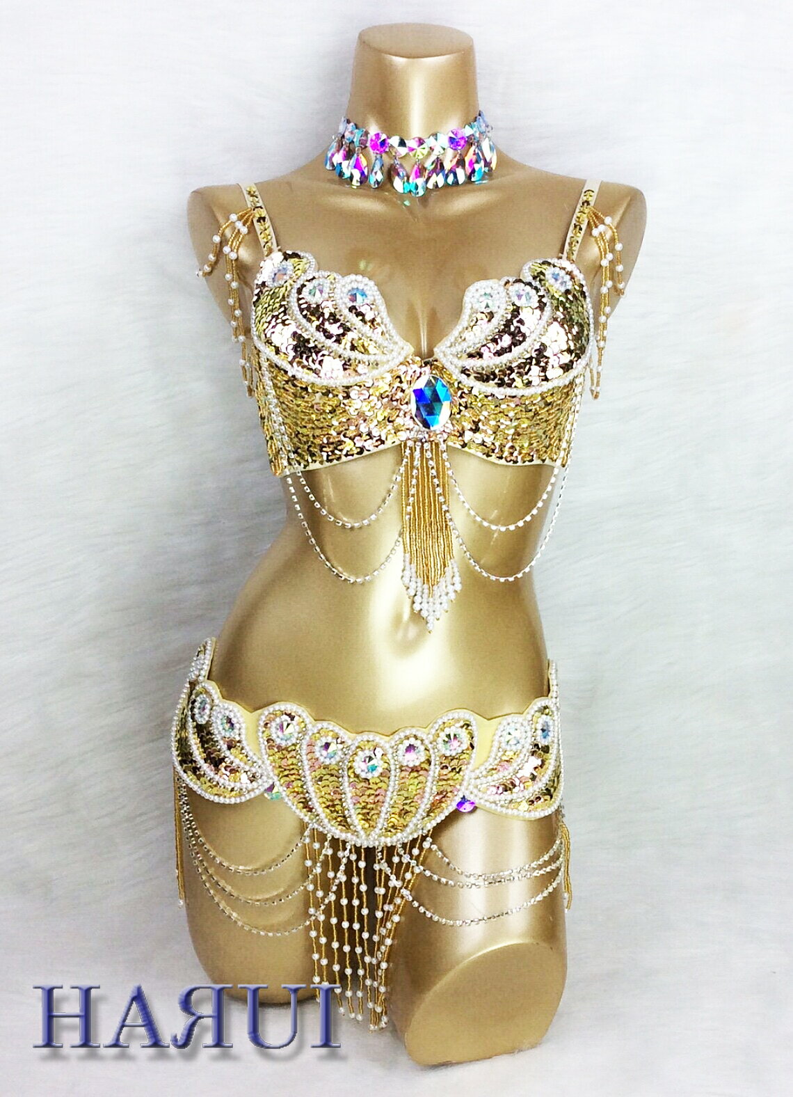 ベリーダンス 衣装 パール デザイン ブラ ベルト 上下2点セット ゴールド 3 size