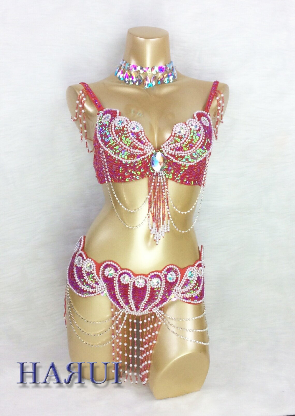 ベリーダンス 衣装 パール デザイン ブラ ベルト 上下2点セット レッド