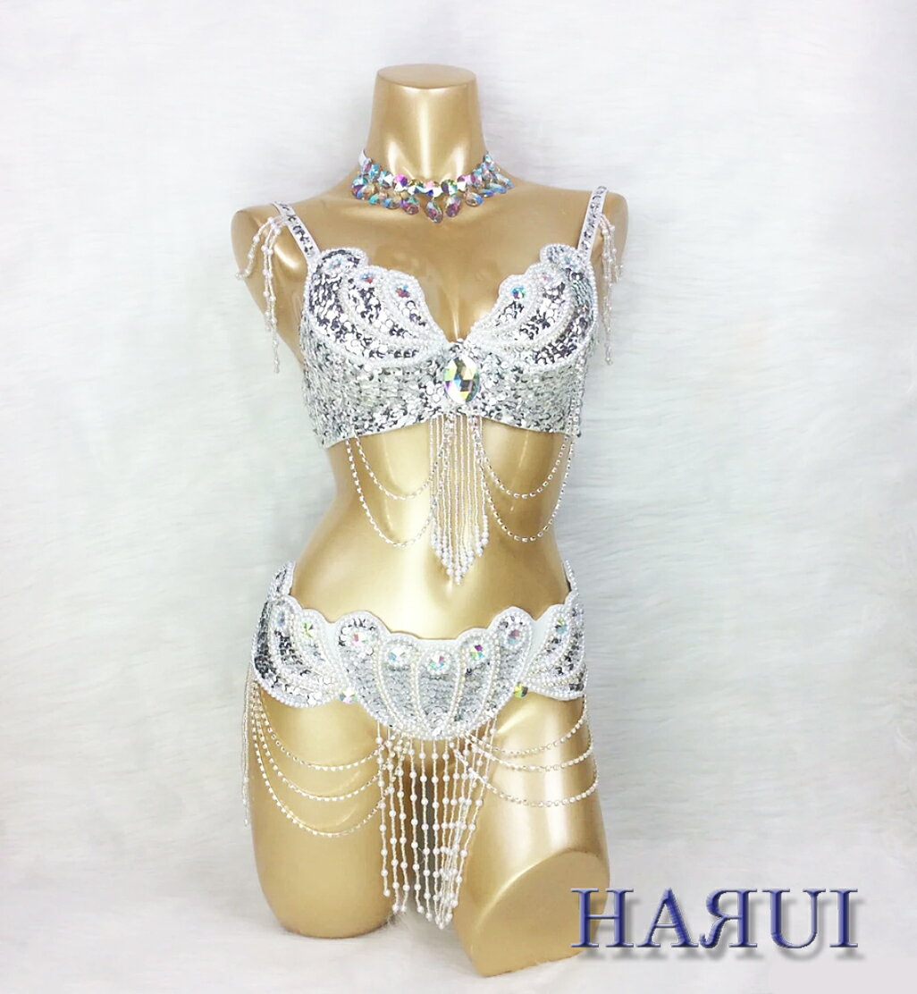 USサイズ ベリーダンス 衣装 パール デザイン ブラ ベルト 上下2点セット シルバー