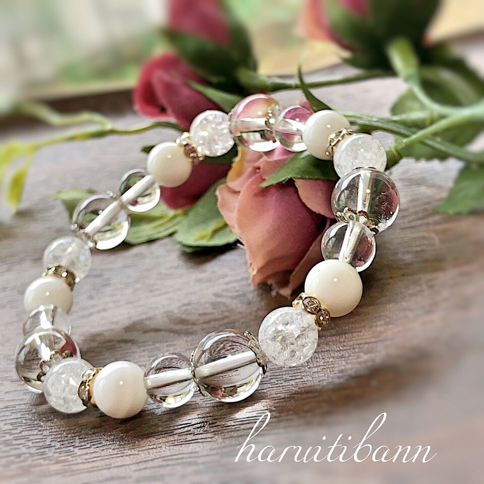 パワーストーンブレスレット ホワイトオニキス クラック水晶 水晶 清楚 白 天然石ブレスレット 水晶 クリスタル ホワイト 白 数珠 風水 プレゼント 母の日 ...