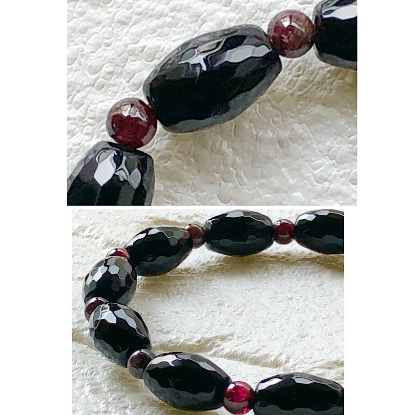女性らしいパワーストーンブレスレット　オニキス　ガーネット　樽型カット入りのオニキスが素敵な天然石ブレスレット　母の日のプレゼントにも　レディースアクセサリー　黒　赤