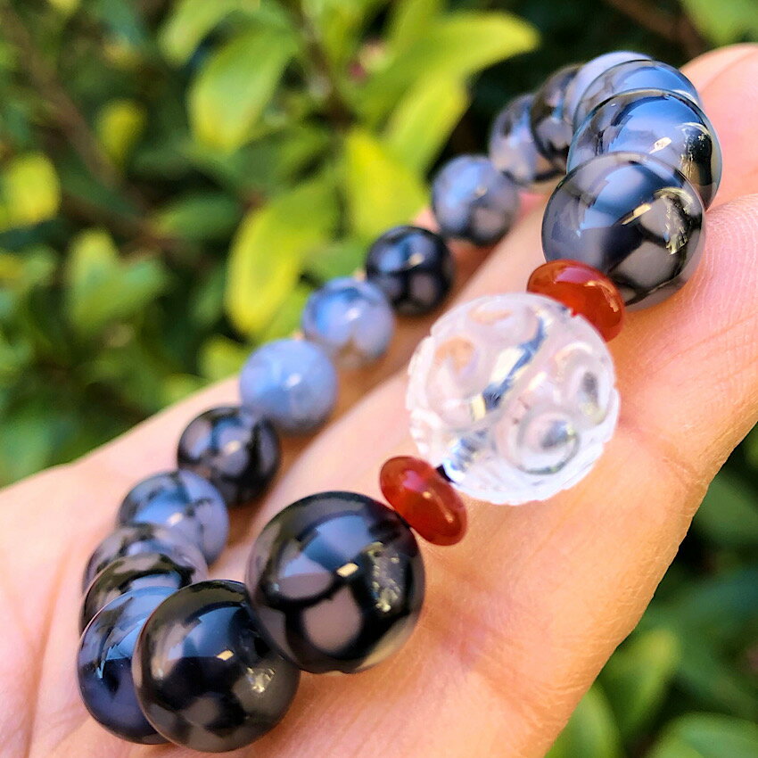 【辰年の縁起物】龍紋瑪瑙&水晶回紋珠 天然石ブレスレット パワーストーンブレスレット ユニセックスアクセサリー 仕事運アップ