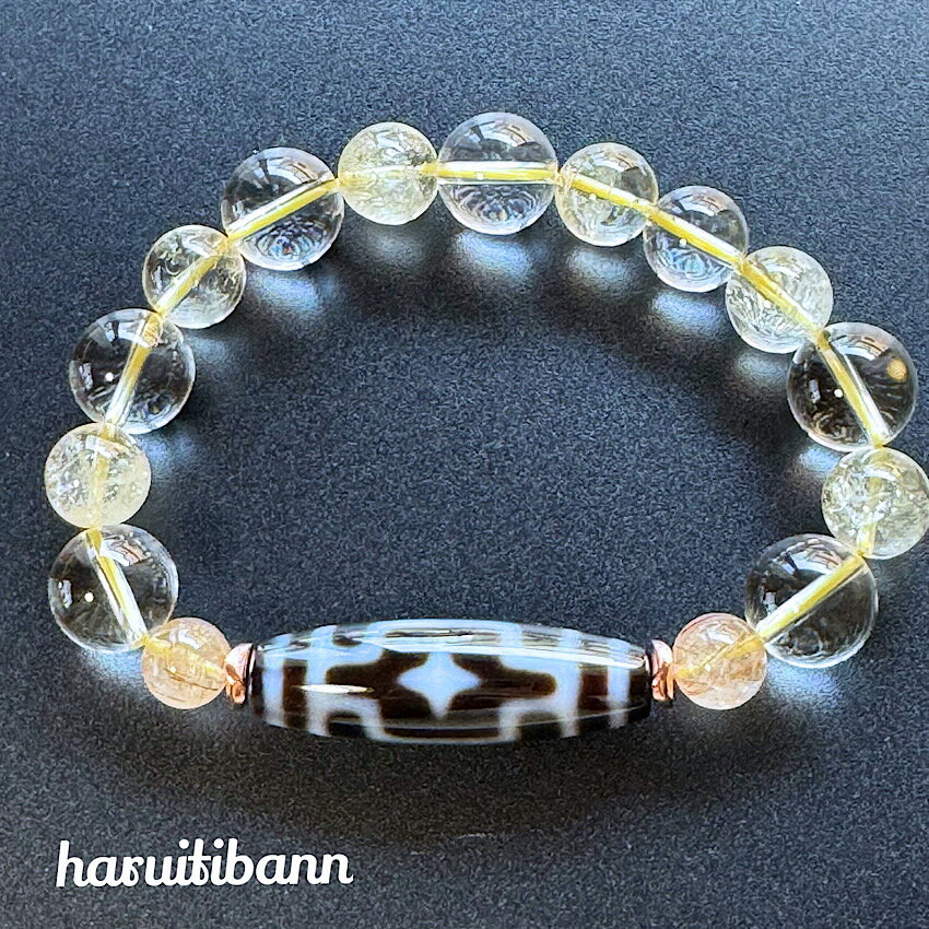 【内なる平和をもたらす】チベット天珠 平安十字天珠 ルチルクォーツ8mm シトリン10mm水晶12mm 天然石ブレスレット パワーストーンブレスレット 独特の魅力を持つチベット天珠と天然石を使用した「【内なる平和をもたらす】チベット天珠 平...