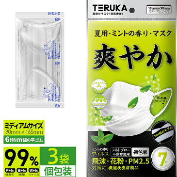 【21枚】送料無料 ミント香り 爽やか 平ゴム個包装 不織布マスク 3層防護 耳が痛くなりにくい平ゴム 立体構造 三層 99％カットフィルター 7枚入りx3袋 使い捨て 息がしやすい nts-s165w-set1