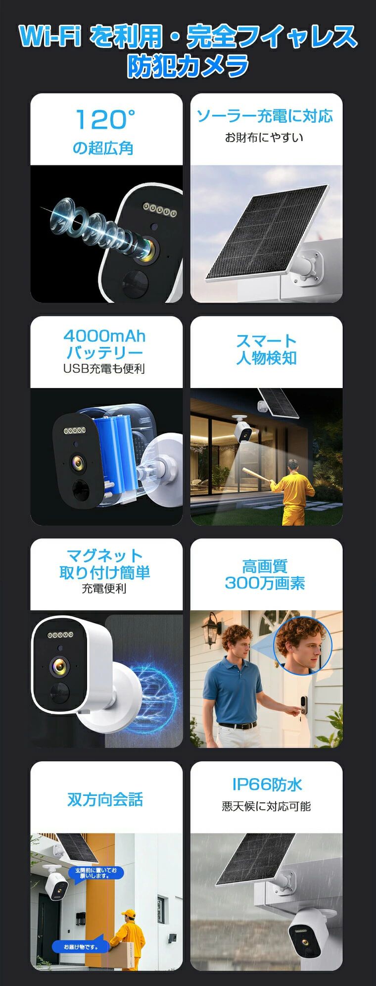 常時録画 ソーラーパネル付き WIFI 4K高画質 ソーラー充電 マグネット 双方向通話 ...
