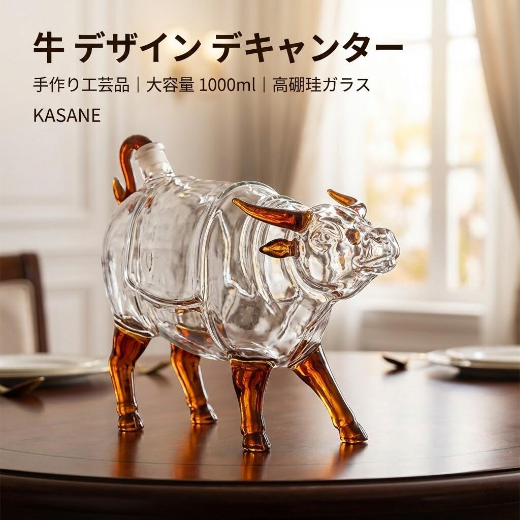 【楽天スーパーSALE】牛 デザイン デキャンター 十二支 動物 置物 高硼珪ガラス 空き瓶 ガラス瓶 大容量 金ラベル 1000ml ワイン お酒 ギフト テーブルウェア 室内装飾 KASANE