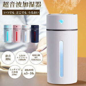 【期間限定！ポイント5倍！】小型 加湿器 卓上 オフィス 250ml ミニ加湿器 大容量 超音波加湿器 10時間連続加湿 7色LEDライト USB ペットボトル 卓上加湿器 静音 乾燥防止 花粉症対策 空焚き防止 車用加湿器 小型 部屋 オフィスディフューザー USB扇風機 選べる色