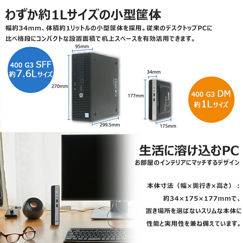 【マラソン★最大100%ポイントバック】【超小型筐体・ミニパソコン】HP ProDesk 400 G3 DM/第6世代 Corei5/メモリ:8GB/16GB/SSD:128GB/265GB/512GB/1TB/USB 3.1/DisplayPort/VGA/Wi-fi/2画面出力/Windows11/Windows10/中古 デスクトップPC ミニデスクトップ ミニPC