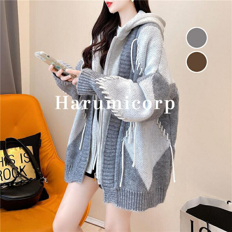 ニットカーディガンチェック柄 レディース フード付きフェイクレイヤード厚手 秋 冬 カーディガン ニットソー 厚手 アウター 秋コート ニット 長袖 大きいサイ...