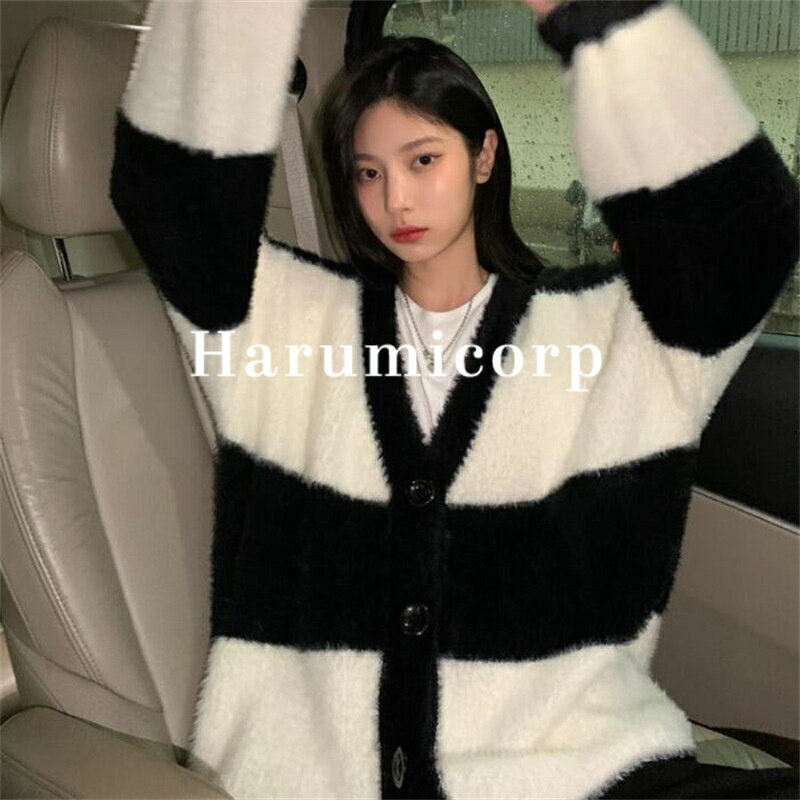 ニットカーディガンボーダーレディース 秋 冬 カーディガン黒白 模造ミンクニットソー 厚手 アウター 秋コート ニット 長袖 大きいサイズ ロングカーディガン ...