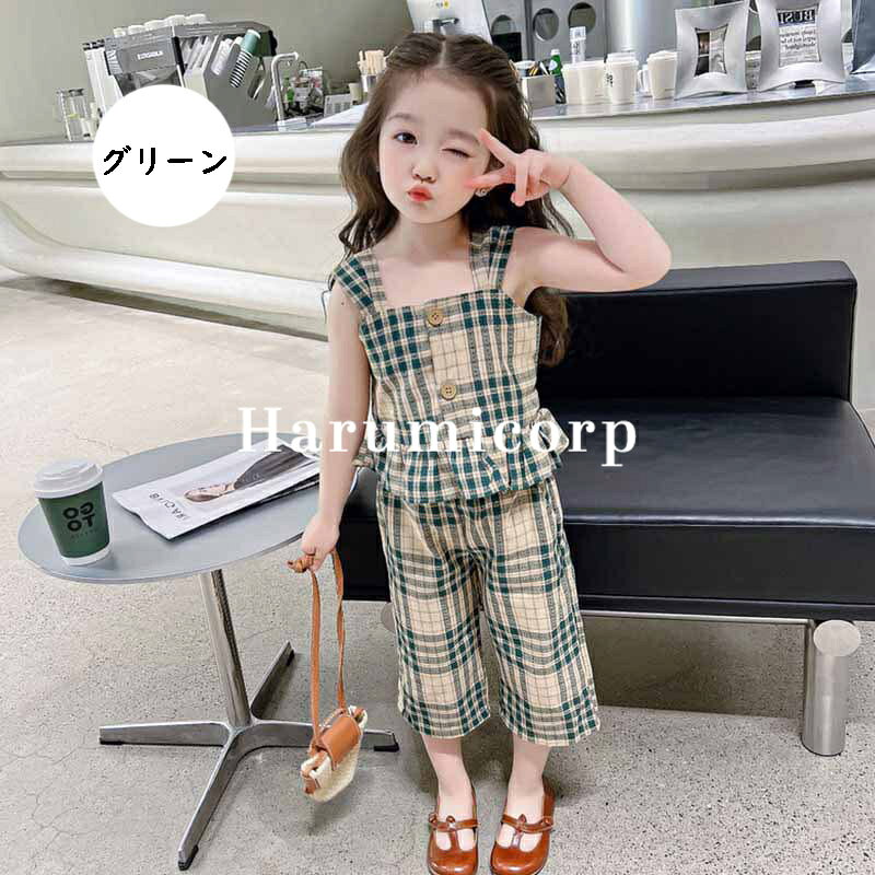 セットアップ キッズ 女の子 子供服 上下セットチェック柄 tシャツ ガウチョパンツ...