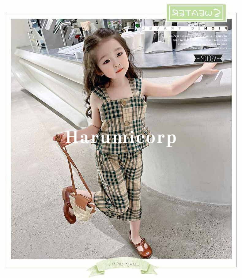 セットアップ キッズ 女の子 子供服 上下セットチェック柄 tシャツ ガウチョパンツ...