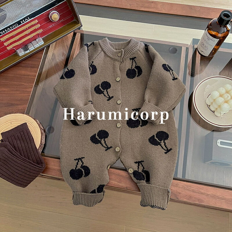 ロンパース ニット セーター春秋冬 ベビー服 女の子 男の子チェリー柄 カバーオール キッズ 長袖 防寒 暖かい 子供服 新生児 赤ちゃん おしゃれ 可愛い 59 66 73 80 90cm 子ども服 ルームウェア 部屋着 パジャマ 誕生日 出産お祝い プレゼント 入園 保育園 お出かけ