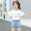 セットアップ キッズ 子供服 女の子 春夏 tシャツ 半袖 デニムパンツ ハーフパンツ 半ズボン 韓国子供服 パンツセット カットソー トップス ボトムス ジュニア こども服 ベビー服 中学生 おしゃれ 可愛い 新品 160cm 150cm 140cm 130cm 120cm 110cm