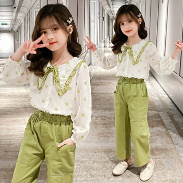 子供服 女の子 セットアップ 春秋 韓国子供服 パンツセット 長袖 ブラウス シャツ 折り襟 ズボン ロングパンツ 160センチ トップス ボトムス こども服 ジュニア おしゃれ 可愛い 新品 160cm 150cm 140cm 130cm 120cm 110cm