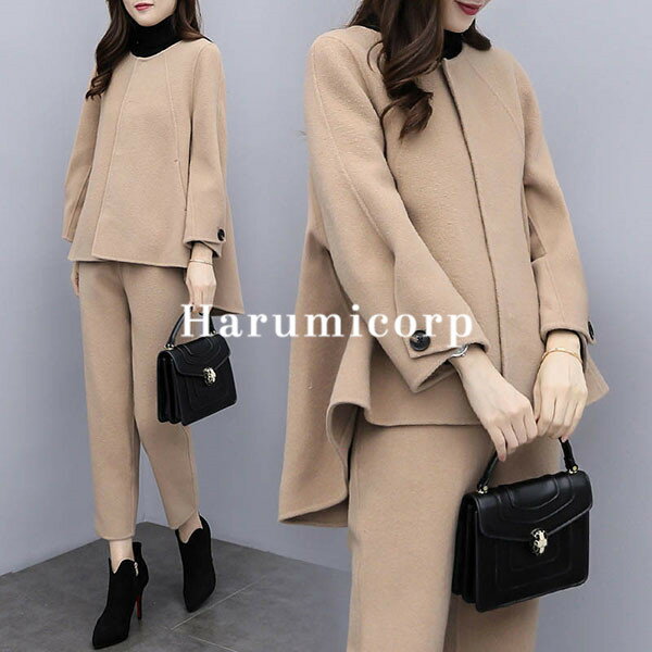 セットアップ レディース 秋冬 40代 パンツスーツ フォーマル アウター コート ロングパンツ ガウチョパンツ 上下セット コーデ トップス ボトムス ハイウ...