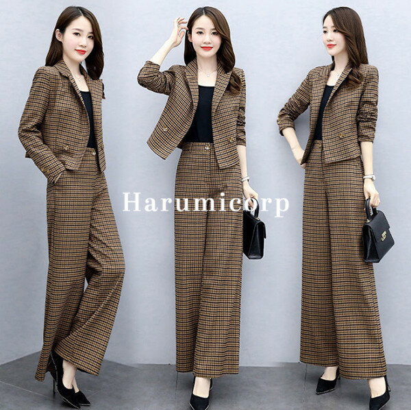 セットアップ レディース 春秋 40代 スーツ フォーマル アウター コート ジャケット ロングパンツ ワイドパンツ チェック柄 上下セット コーデ トップス ...