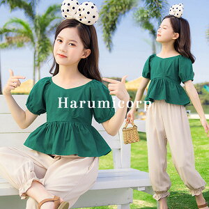 子供服 女の子 夏服 セットアップ キッズ tシャツ ブラウス 半袖 チュニック 七分丈パンツ 長ズボン 韓国子供服 パンツセット トップス ボトムス こども服 ジュニア ベビー服 中学生 おしゃれ 可愛い 薄手 涼しい 新品 160cm 150cm 140cm 130cm 120cm 110cm