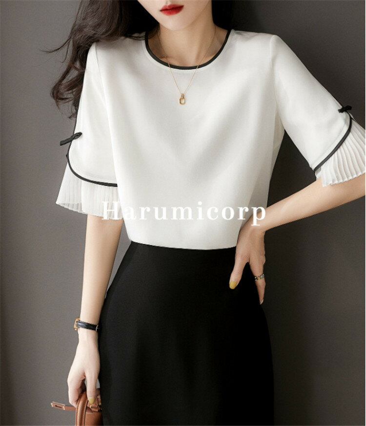 ブラウス レディース 半袖 春夏 トップス シャツ 白 カットソー 丸首 蝶結び 仕事 七五三 通勤 入学式 卒園式 結婚式 披露宴 二次会 パーティー オフィス フォーマル きれいめ おしゃれ 大きいサイズ カジュアル ゆったり シンプル 韓国風 可愛い 大人 OL 上品 着痩せ