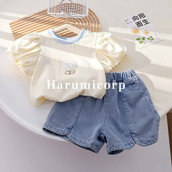 韓国こども服 セットアップ キッズ 女の子 子供服 上下セット ベビー服 tシャツ デニム ショートパンツ おしゃれ 可愛い 春 夏 トップス ボトムス ジュニア 入学 入園 誕生日 プレゼント ナチュラル シンプル 幼稚園 130cm 120 110 100 90 80