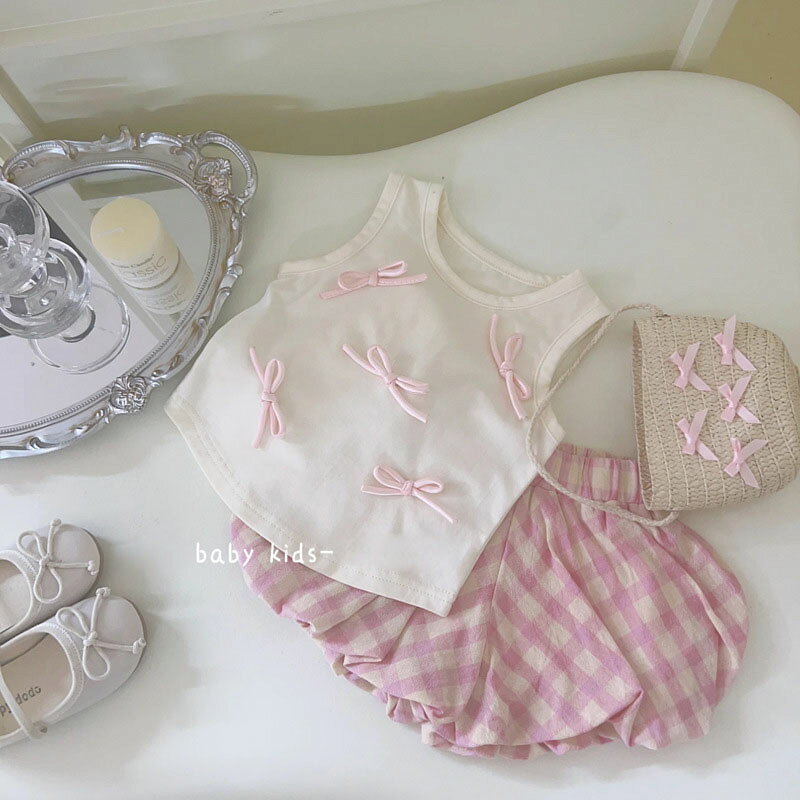 セットアップ キッズ 女の子 ベビー服 上下セット 春 夏 トップス ガウチョパンツ 子供服 tシャツ 蝶結び ショートパンツ チェック柄 赤ちゃん ダンス衣装 おしゃれ 可愛い 入学 入園 幼稚園 小学生 80cm 90cm 100cm 110cm 120cm 130cm 誕生日 プレゼント