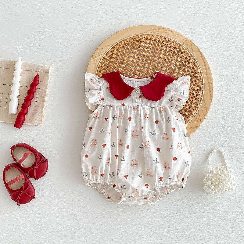 セレモニードレス 女の子 春 夏 新生児 退院 お宮参り ウサギ レッド 花柄 退院着 春夏 ロンパース ベビー服 赤ちゃん 出産祝い プレゼント 出産準備 ギフト 子供服 夏用 綿 シンプル 写真撮影 66cm 73cm 80cm 90cm