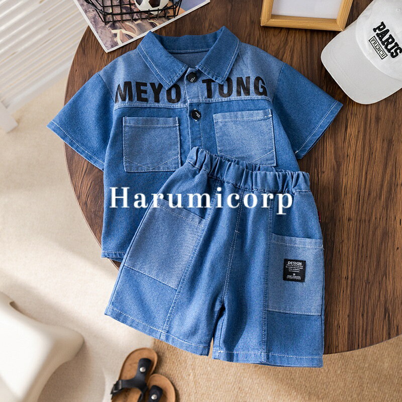 デニム セットアップ キッズ ベビー 子供 子ども こども 子供服 キッズ服 男の子 女の子 春服 春物 夏服 夏物 シャツ 半袖 デニムパンツ ショートパンツ 保育園 幼稚園 お出かけ セット セット販売 上下セット おしゃれ お揃い 80cm 90cm 100cm 110cm 120cmのサムネイル