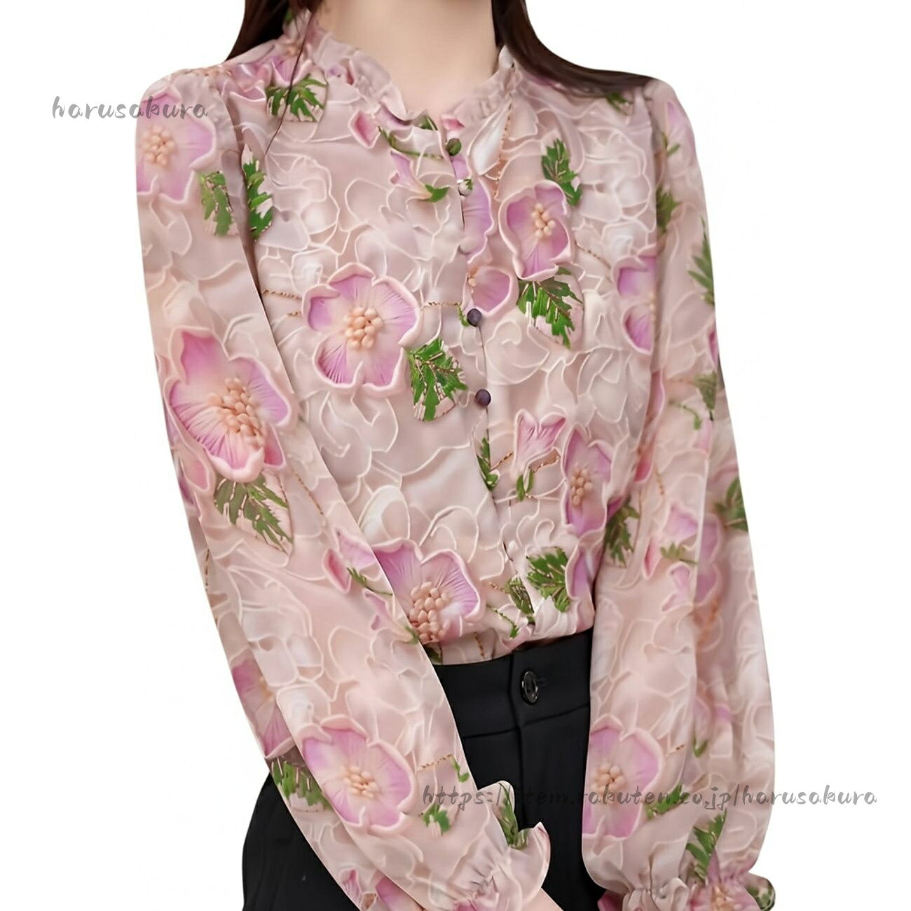 Blouses - ブラウス レディース 長袖 花柄 刺繍 レース シフォン トップス フリル襟 スタンドカラー シアー 透け感 きれいめ 大人可愛い エレガント フェミニン 体型カバー ゆったり 50代 ミセス